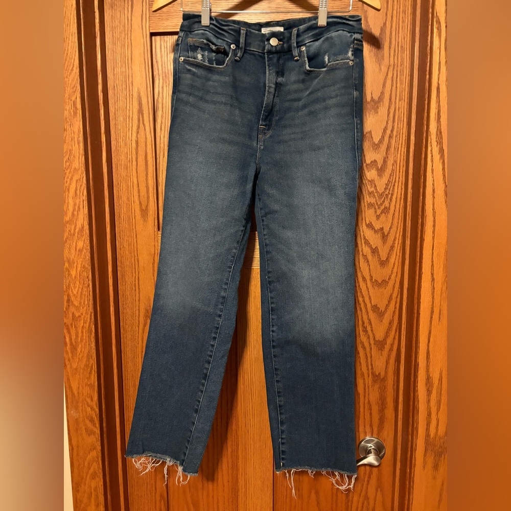 Good American Good Curve Straight Jeans Women Size 6 / 28 Blue Raw Hem  New